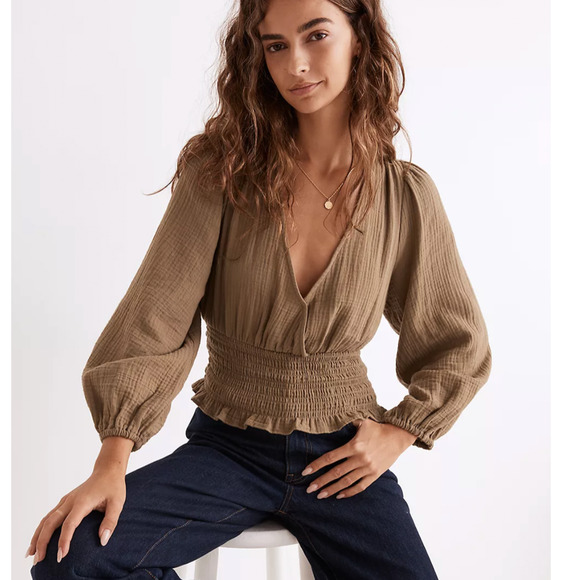 NWT Madewell Lightspun Julianne Smocked-Waist Top size L - Picture 2 of 3
